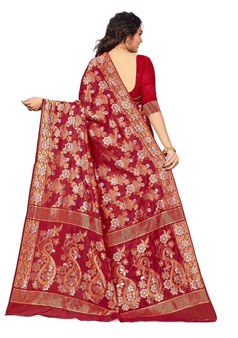 Maroon Embroidered Cotton Blend Saree Set - Indya