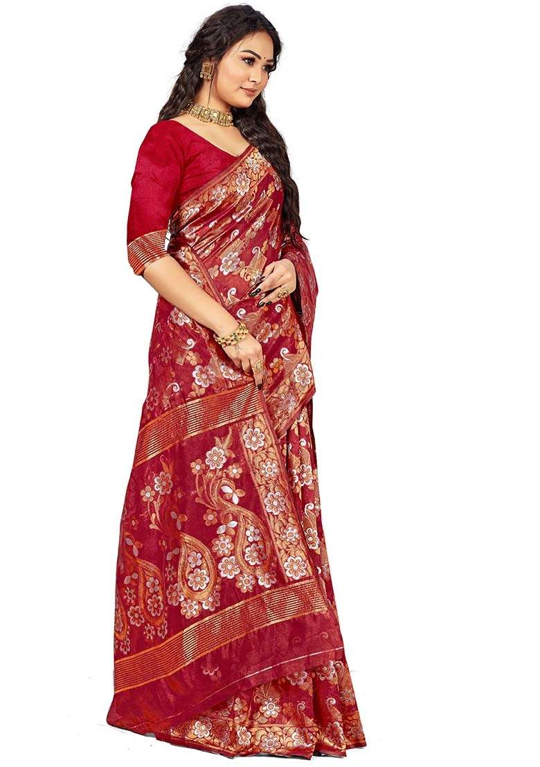 Maroon Embroidered Cotton Blend Saree Set - Indya