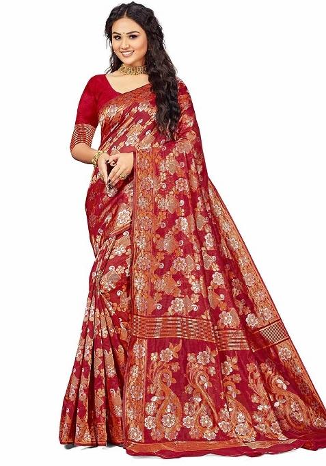Maroon Embroidered Cotton Blend Saree Set