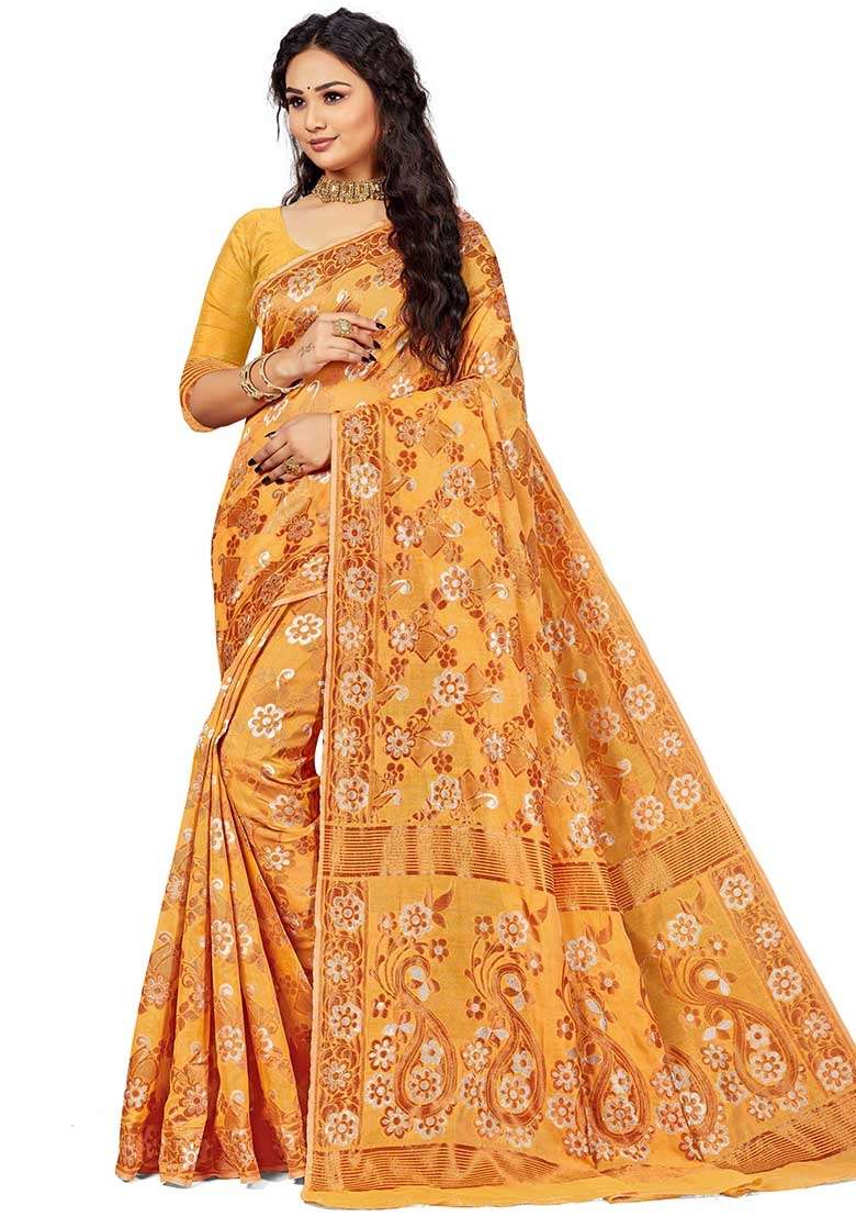 Mustard Blend Cotton Saree Set with Embroidered for Diwali | Wedding & Festive Wear - Indya