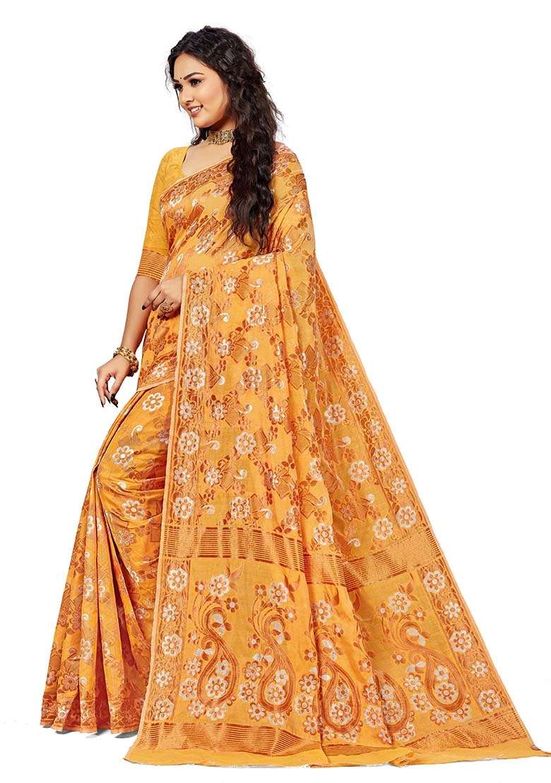 Mustard Blend Cotton Saree Set with Embroidered for Diwali | Wedding & Festive Wear - Indya