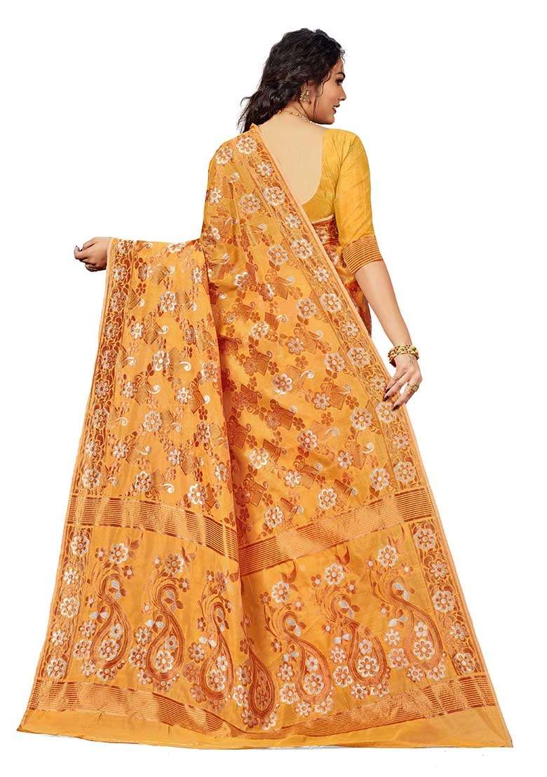 Mustard Blend Cotton Saree Set with Embroidered for Diwali | Wedding & Festive Wear - Indya