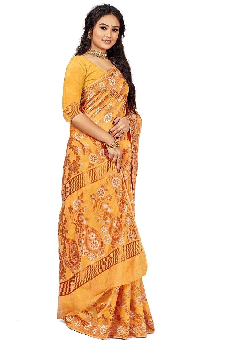 Mustard Blend Cotton Saree Set with Embroidered for Diwali | Wedding & Festive Wear - Indya