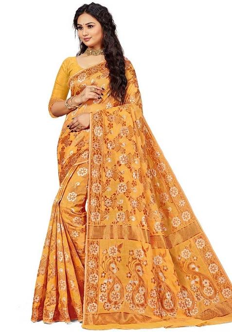 Mustard Embroidered Cotton Blend Saree Set