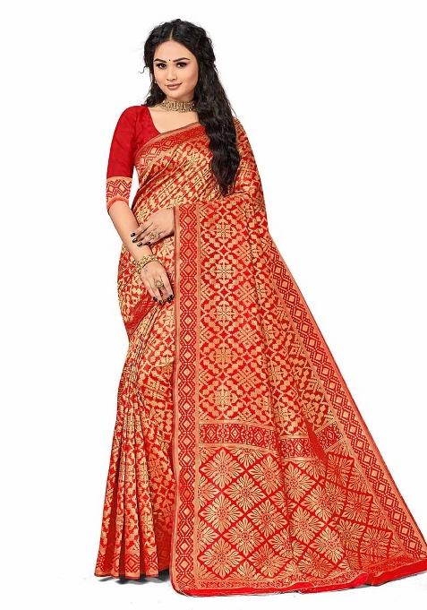 Red Embroidered Silk Saree Set