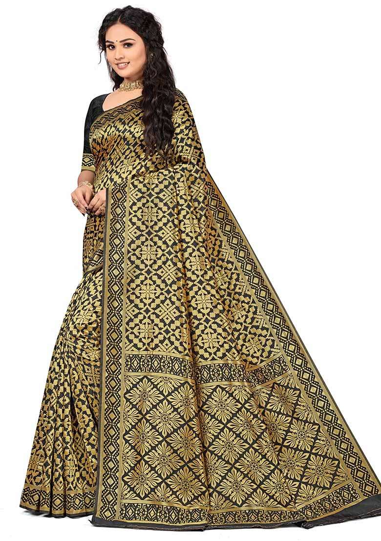 Black Embroidered Silk Blend Saree Set for Diwali and Festive Wear - Indya