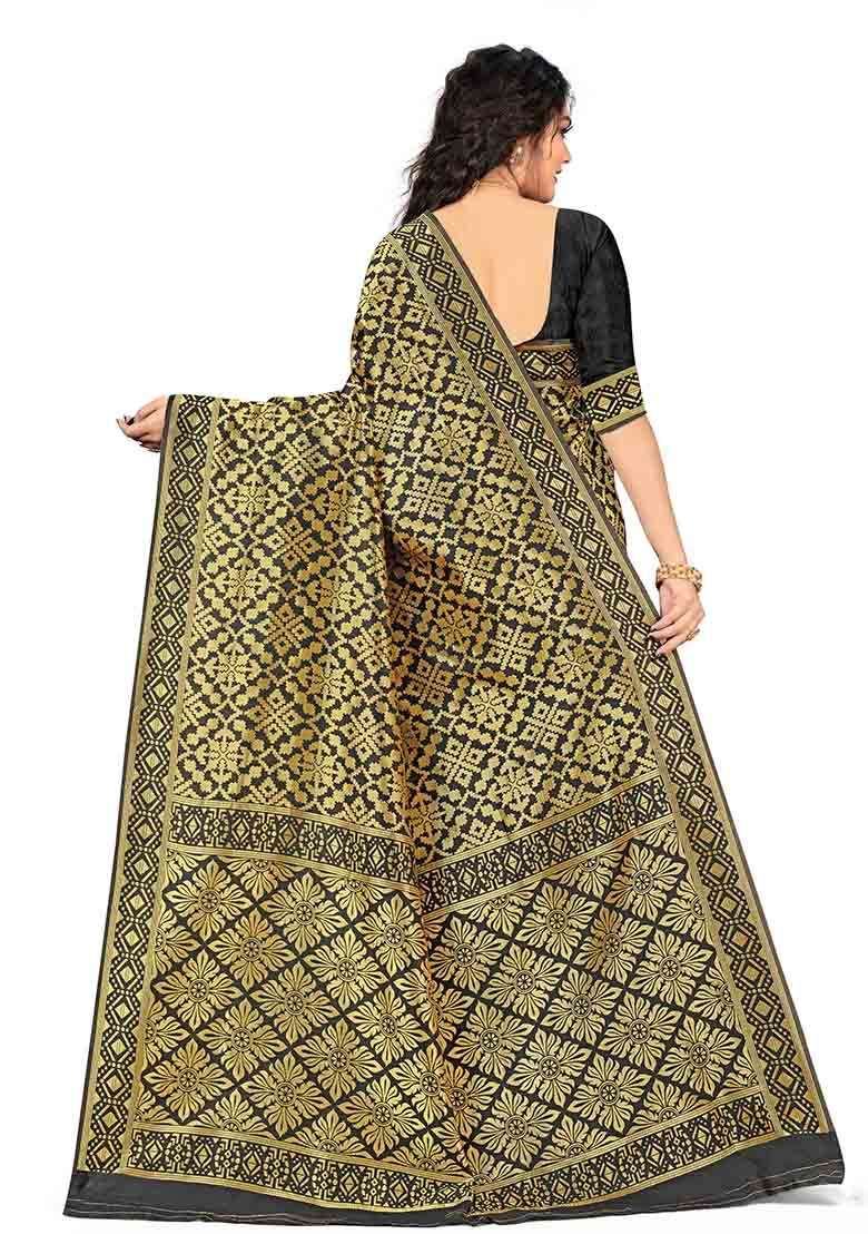 Black Embroidered Silk Blend Saree Set for Diwali and Festive Wear - Indya