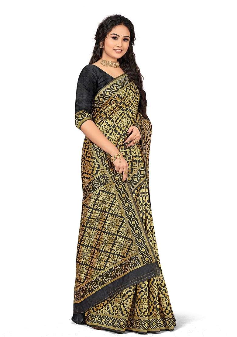 Black Embroidered Silk Blend Saree Set for Diwali and Festive Wear - Indya