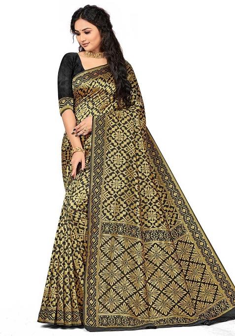 Black Embroidered Silk Saree Set