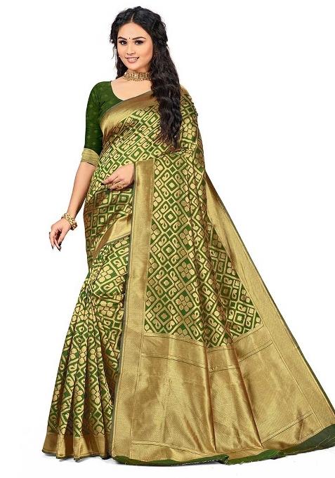 Mahendi Green Embroidered Silk Saree Set