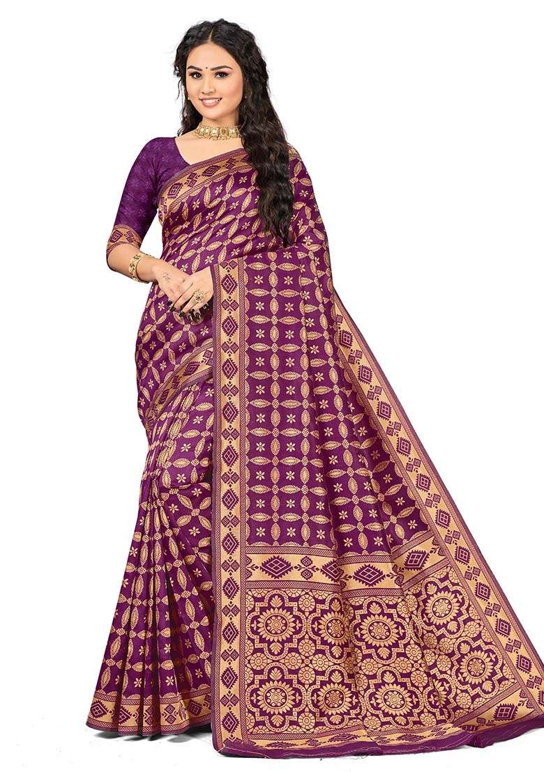 Wine Silk Blend Saree Set with Embroidered for Diwali | Wedding & Festive Wear - Indya