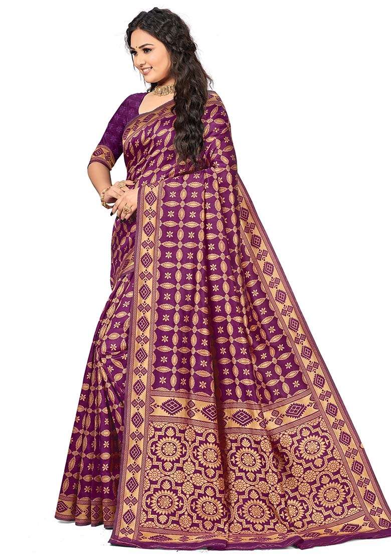 Wine Silk Blend Saree Set with Embroidered for Diwali | Wedding & Festive Wear - Indya