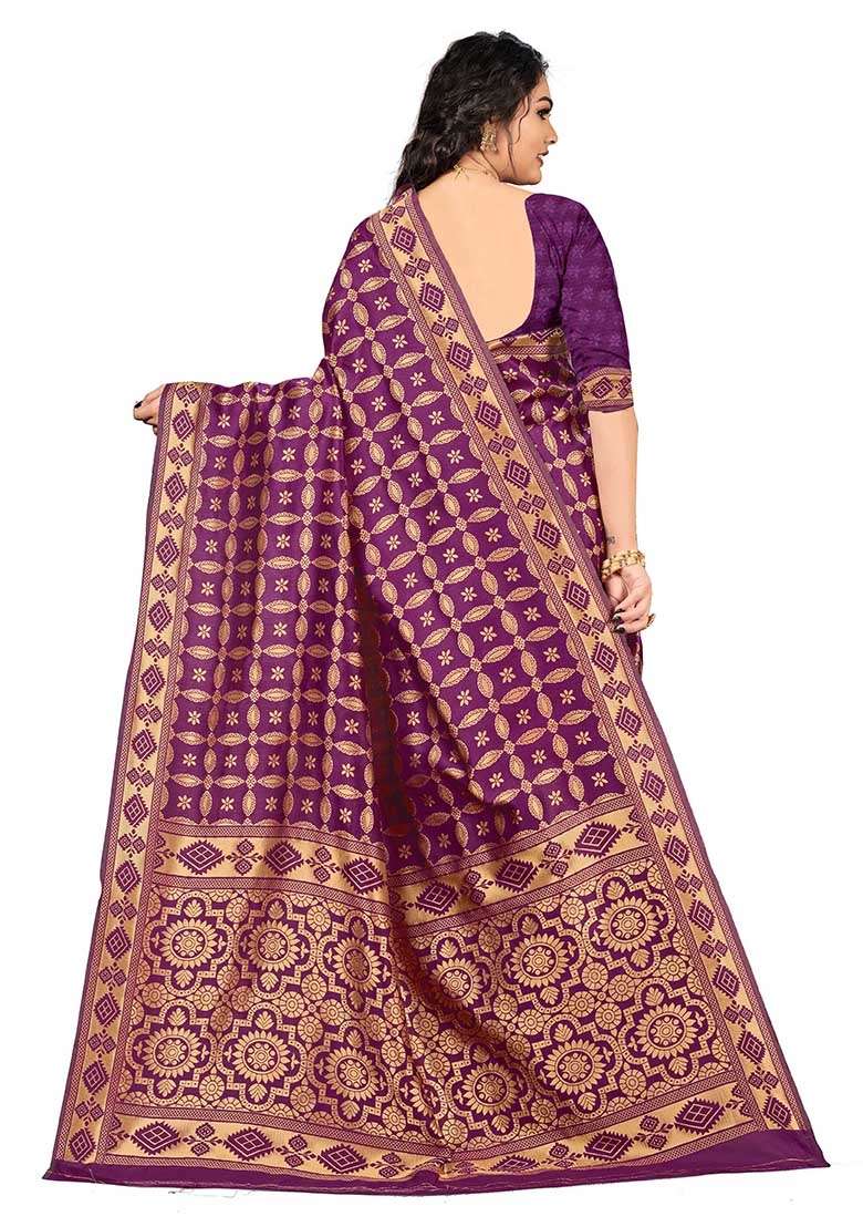 Wine Silk Blend Saree Set with Embroidered for Diwali | Wedding & Festive Wear - Indya