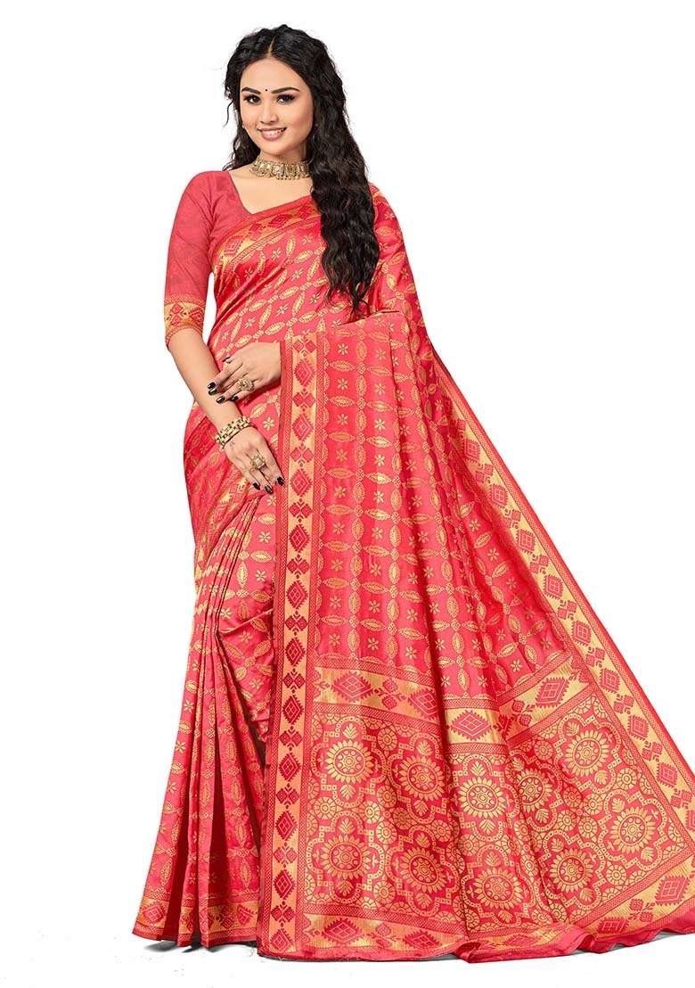 Peach Silk Blend Saree Set with Embroidered for Diwali | Wedding & Festive Wear - Indya