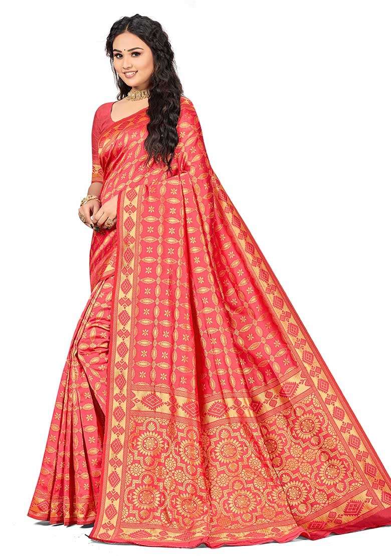Peach Silk Blend Saree Set with Embroidered for Diwali | Wedding & Festive Wear - Indya