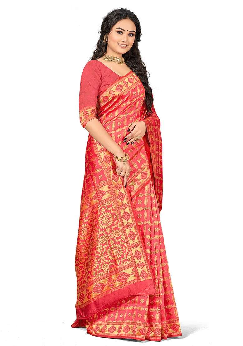 Peach Silk Blend Saree Set with Embroidered for Diwali | Wedding & Festive Wear - Indya