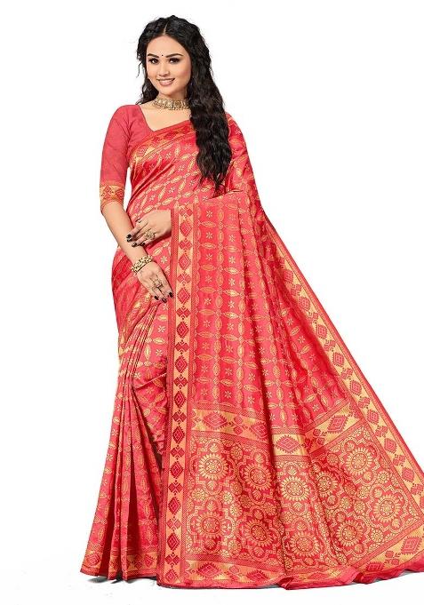 Peach Embroidered Silk Saree Set