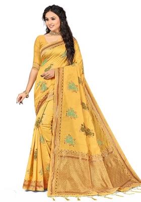 Yellow Embroidered Cotton Blend Saree Set