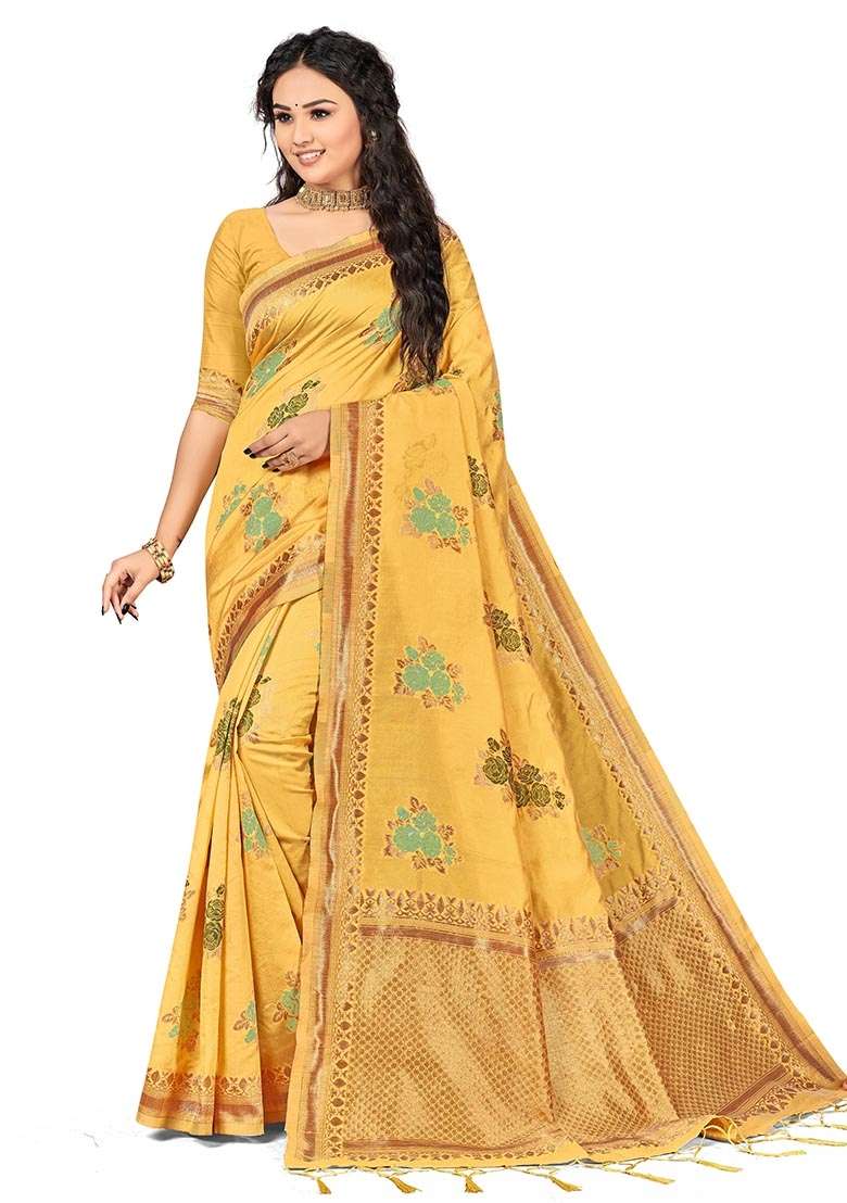 Yellow Embroidered Cotton Blend Saree Set for Diwali and Festive Wear - Indya
