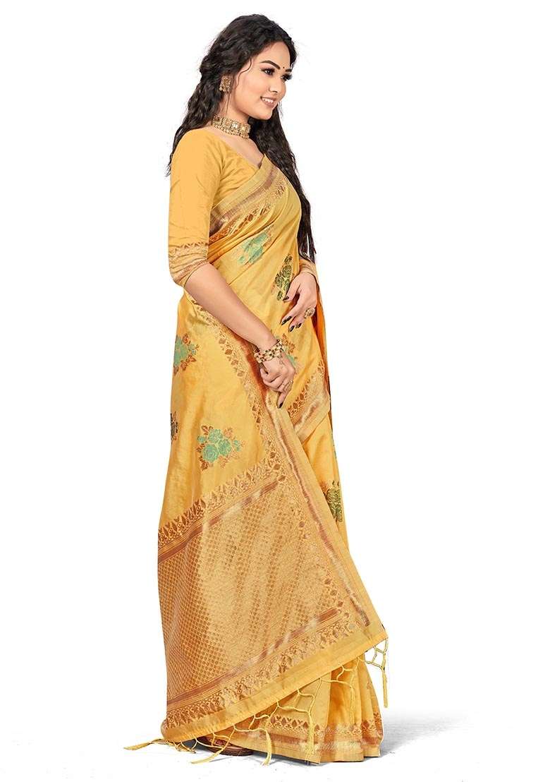 Yellow Embroidered Cotton Blend Saree Set for Diwali and Festive Wear - Indya