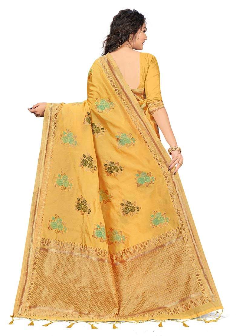 Yellow Embroidered Cotton Blend Saree Set for Diwali and Festive Wear - Indya
