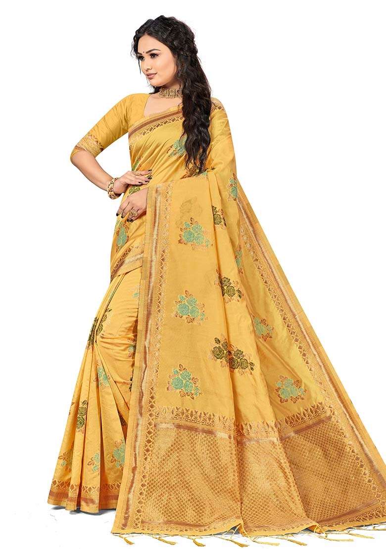 Yellow Embroidered Cotton Blend Saree Set for Diwali and Festive Wear - Indya