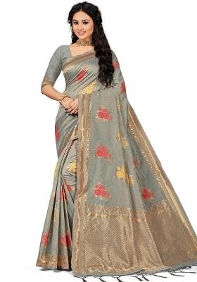 Grey Embroidered Cotton Blend Saree Set