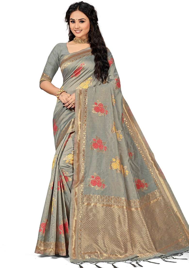 Grey Embroidered Cotton Blend Saree Set for Diwali and Festive Wear - Indya