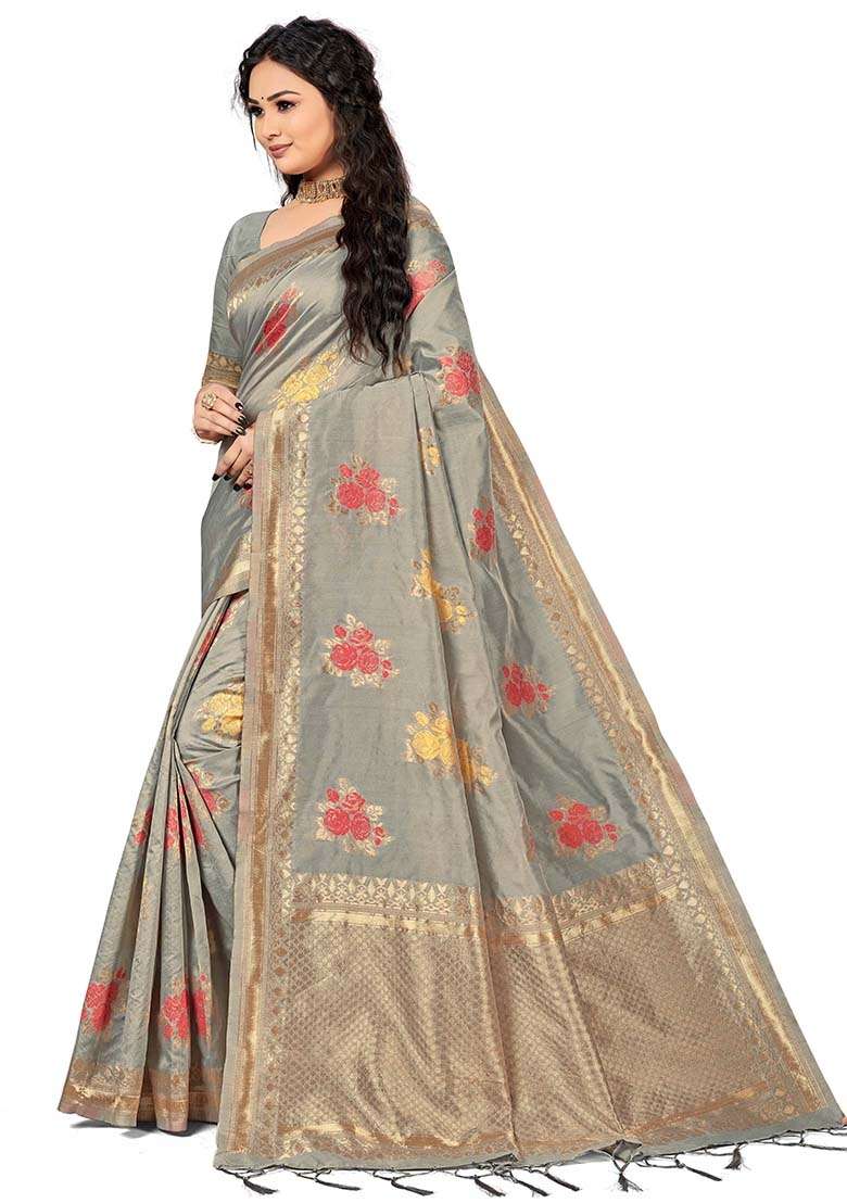 Grey Embroidered Cotton Blend Saree Set for Diwali and Festive Wear - Indya