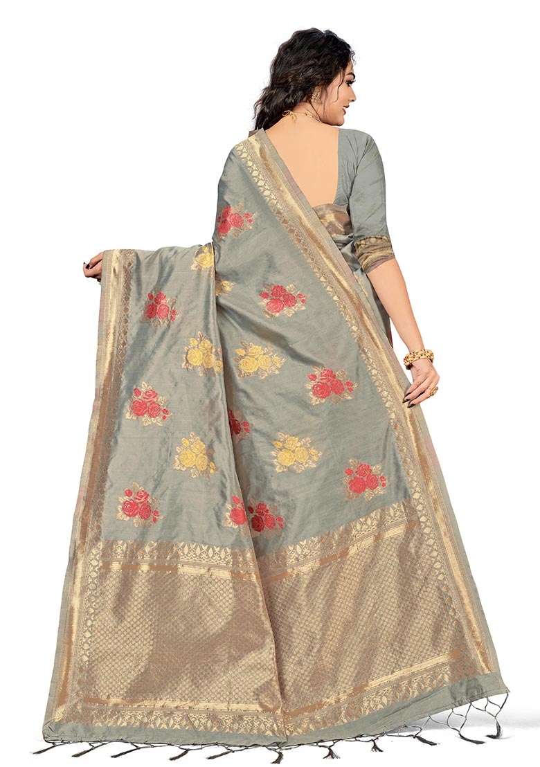 Grey Embroidered Cotton Blend Saree Set for Diwali and Festive Wear - Indya