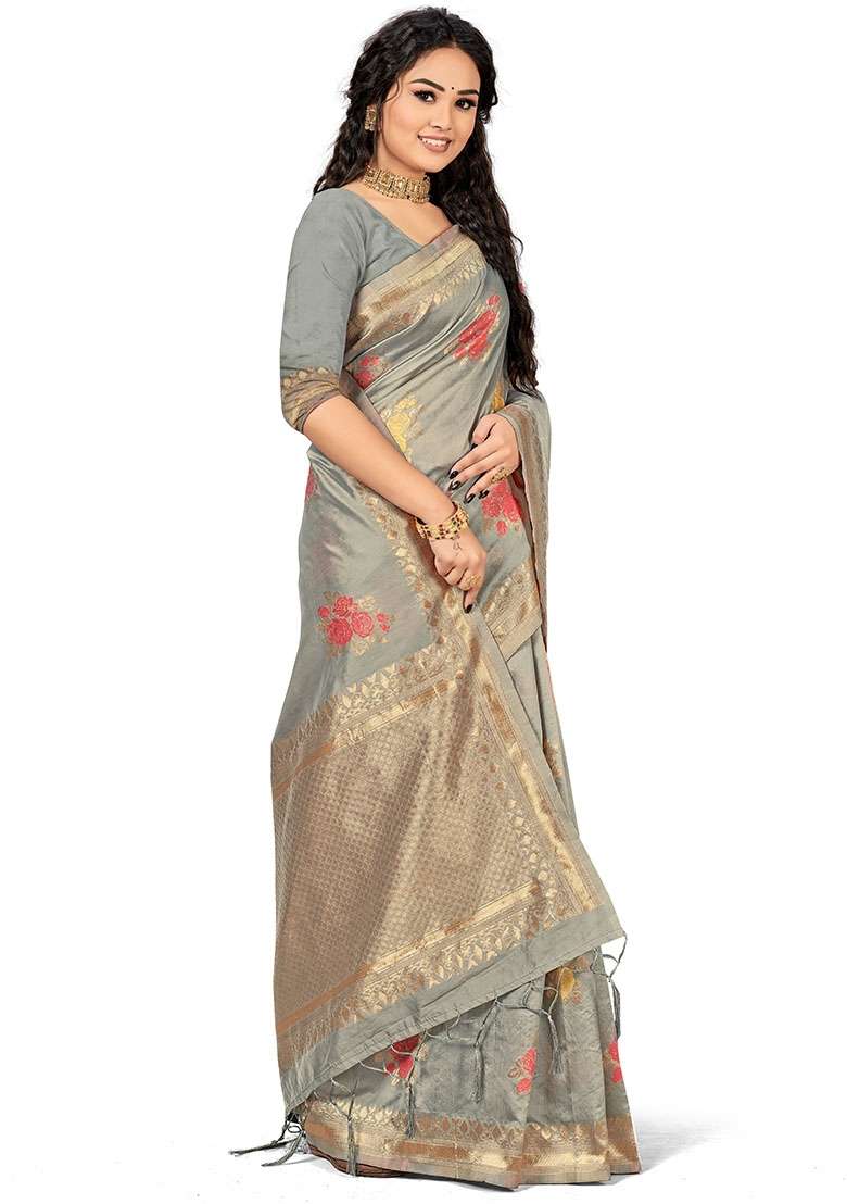 Grey Embroidered Cotton Blend Saree Set for Diwali and Festive Wear - Indya
