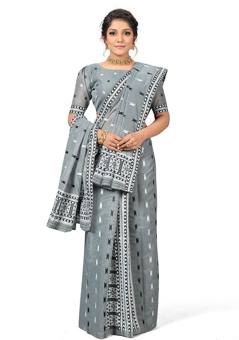 Grey Embroidered Cotton Blend Saree Set for Diwali and Festive Wear - Indya
