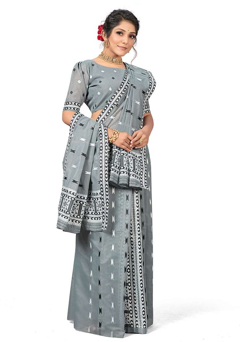 Grey Embroidered Cotton Blend Saree Set for Diwali and Festive Wear - Indya