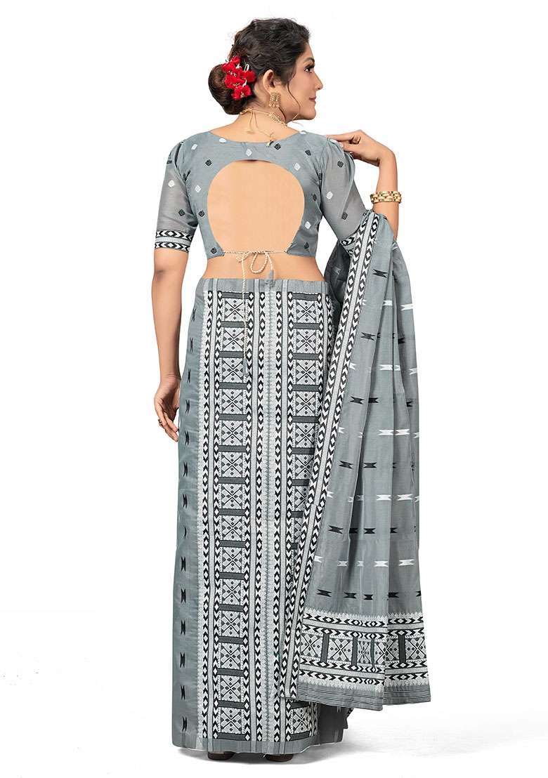 Grey Embroidered Cotton Blend Saree Set for Diwali and Festive Wear - Indya