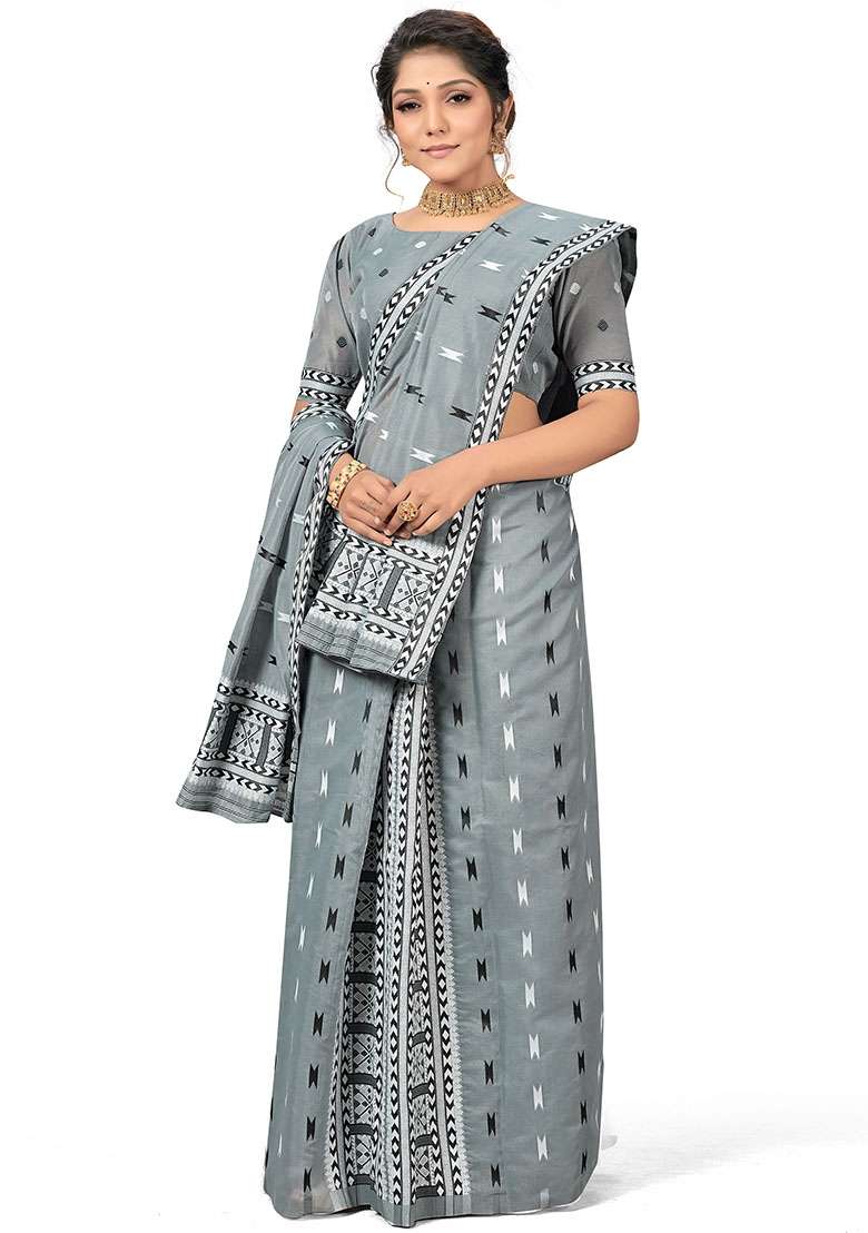 Grey Embroidered Cotton Blend Saree Set for Diwali and Festive Wear - Indya