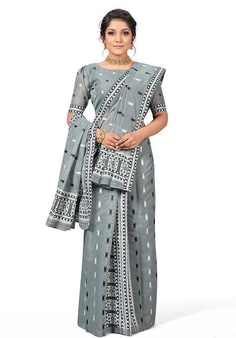 Grey Embroidered Cotton Blend Saree Set