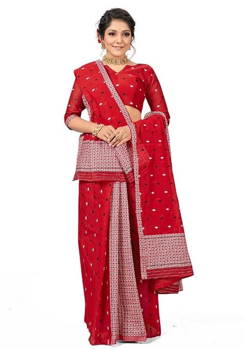 Red Embroidered Cotton Blend Saree Set