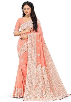 Peach Embroidered Georgette Saree Set