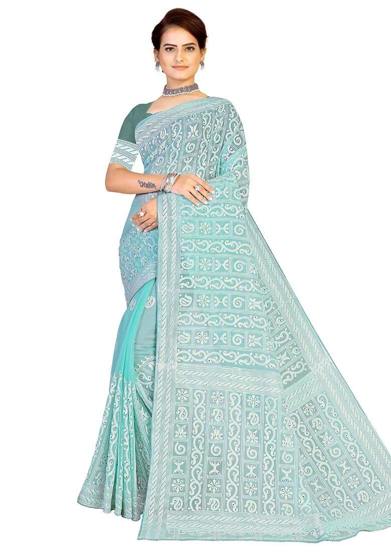 Sea Green Embroidered Georgette Saree Set for Diwali and Festive Wear - Indya
