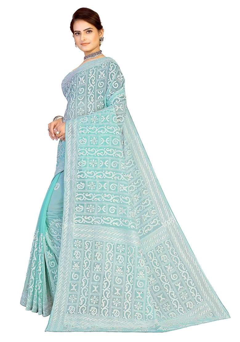 Sea Green Embroidered Georgette Saree Set for Diwali and Festive Wear - Indya