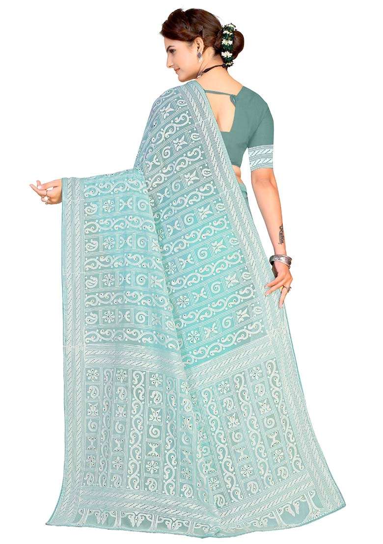 Sea Green Embroidered Georgette Saree Set for Diwali and Festive Wear - Indya