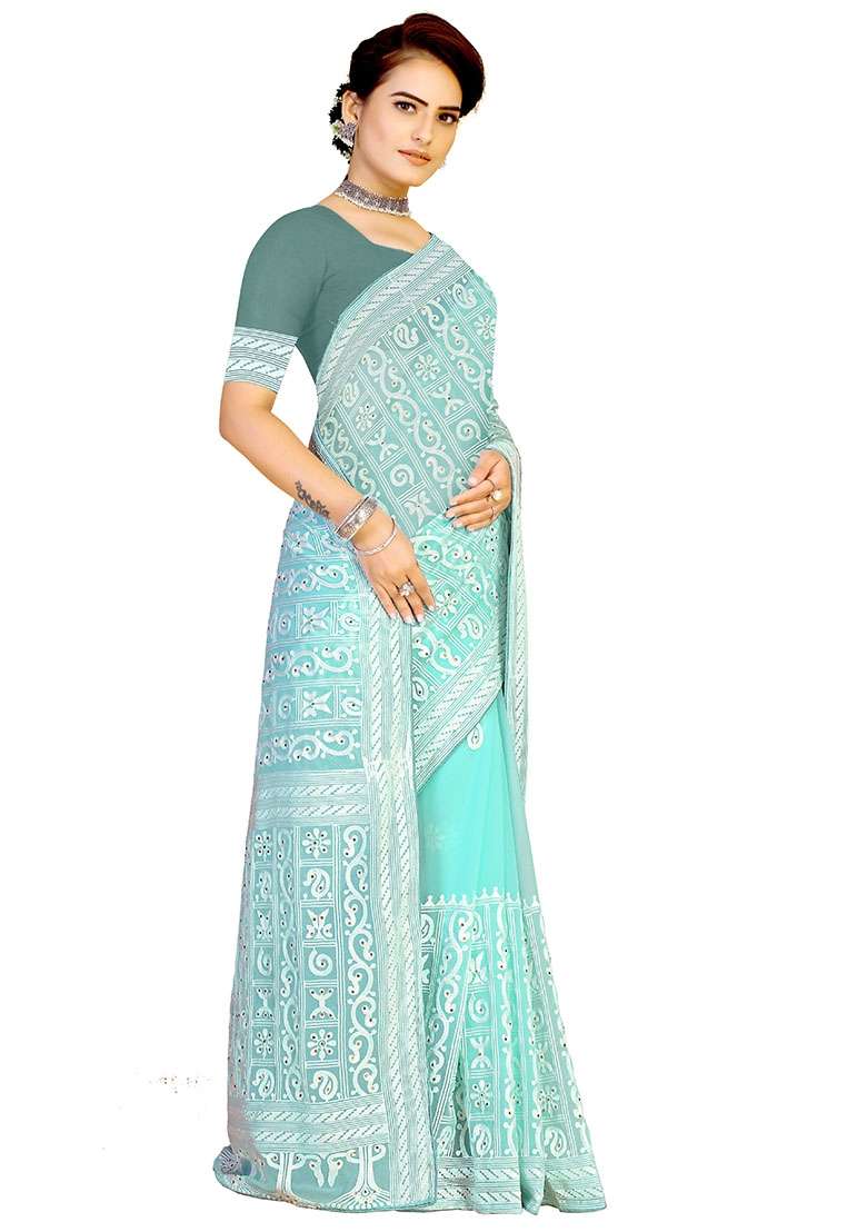Sea Green Embroidered Georgette Saree Set for Diwali and Festive Wear - Indya