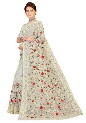 White Embroidered Net Saree Set