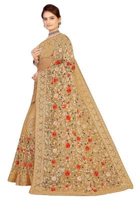 Beige Embroidered Net Saree Set