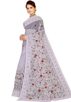 Grey Embroidered Net Saree Set