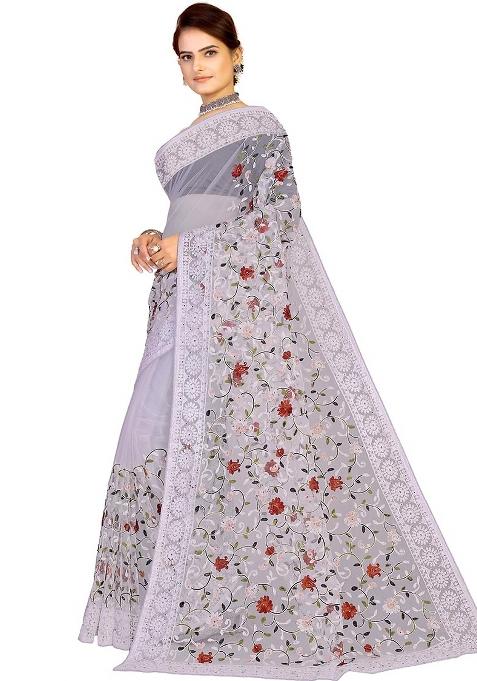 Grey Embroidered Net Saree Set