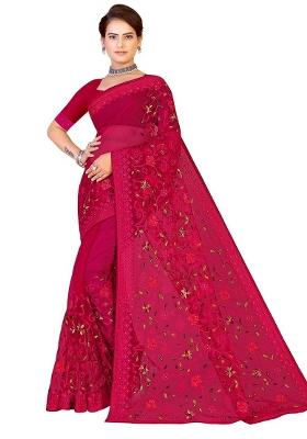 Magenta Embroidered Net Saree Set
