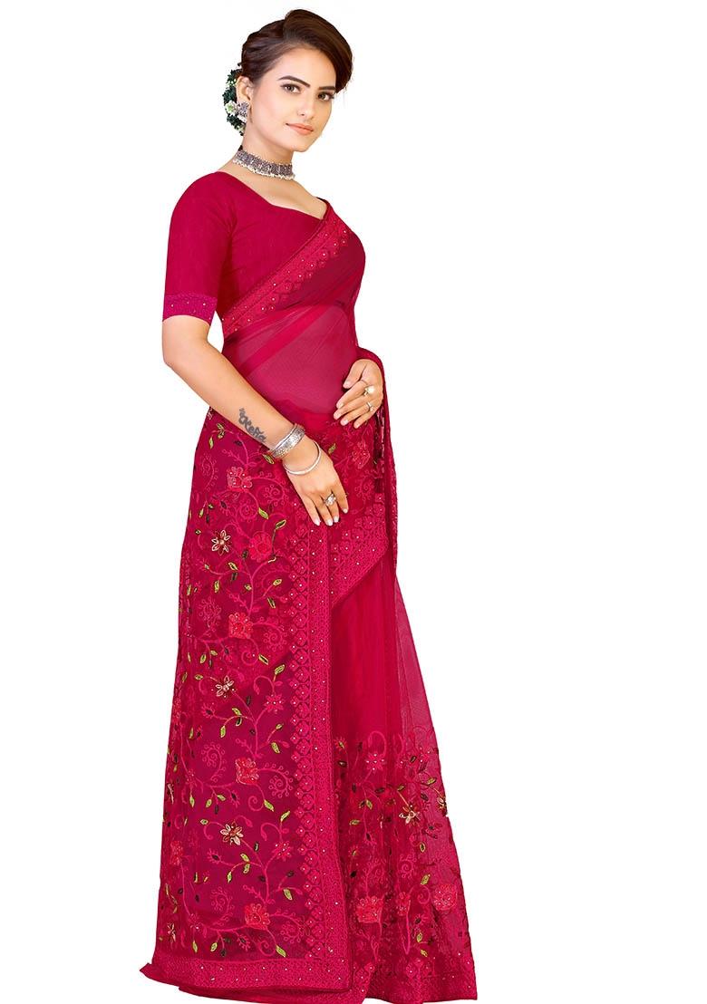 Magenta Embroidered Net Saree Set - Indya