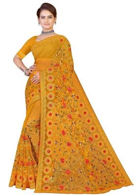 Mustard Embroidered Net Saree Set