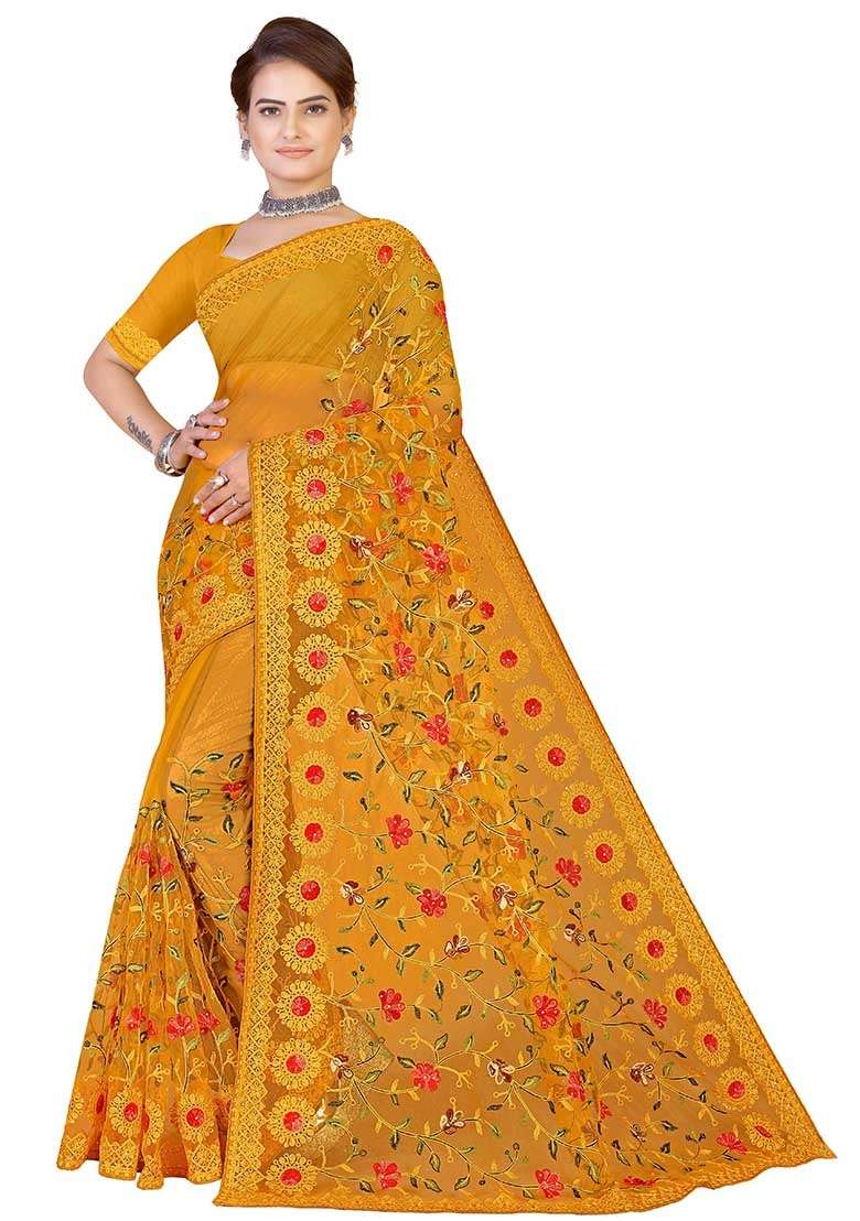 Mustard Embroidered Net Saree Set for Diwali and Festive Wear - Indya
